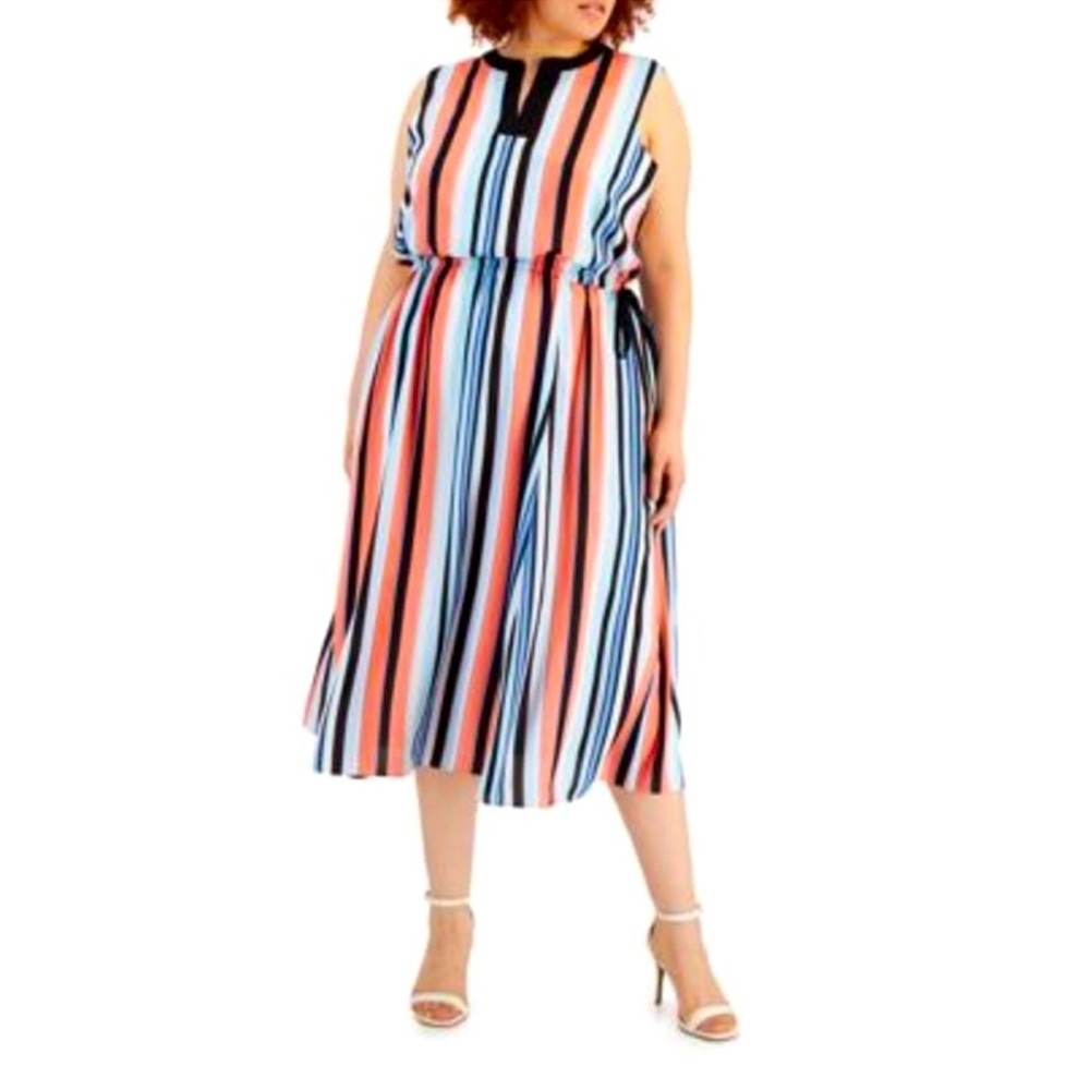 Anne Klein Drawstring Striped Midi Dress with Pockets Size XL